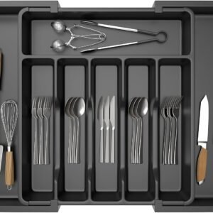 Cutlery Drawer Organiser, 33-57CM Expandable Utensil Tray for Kitchen with 8 Compartment Holders, Adjustable Silverware and Flatware Holder, Compact Plastic Storage Insert for Spoons Forks Knives